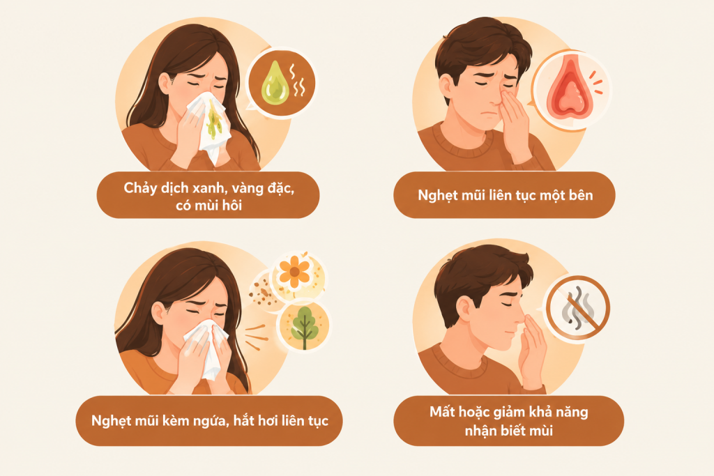  Nghẹt mũi kéo dài, chảy dịch mũi bất thường hoặc giảm khứu giác