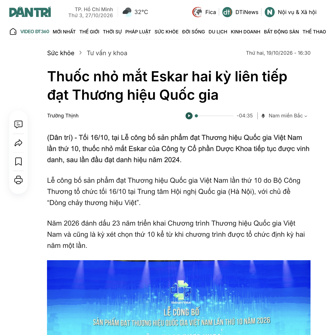  Thuốc nhỏ mắt Eskar – Niềm tự hào Thương hiệu Quốc gia 2026 từ DK Pharma